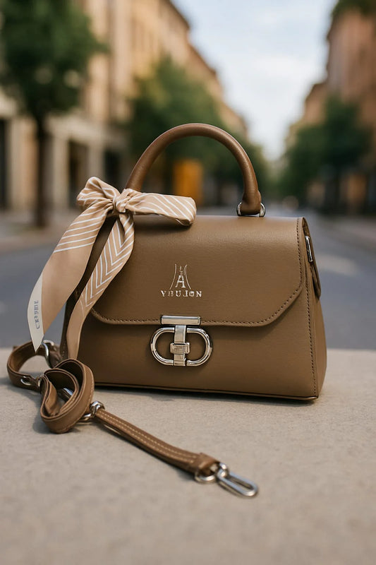 Elegant Leather Handbag with Scarf Accent