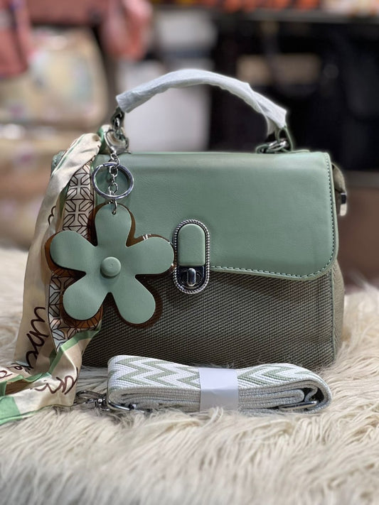 Mint Blossom Crossbody Handbag with Floral Charm & Designer Scarf